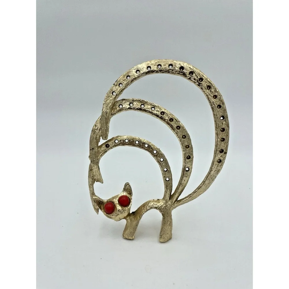 Vtg Gold Cast Metal Retro‎ Big Eye Cat Earring Organizer 70s Boho Vanity